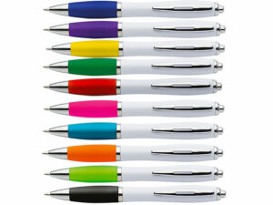 White Barrel Curved Design Ballpoint Pen with Coloured Grip